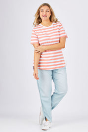 Model Ljubenka wearing size 18 of The Chambray Curved Hem Pant in colour Chambray (Blue), from the front, showing the whole outfit