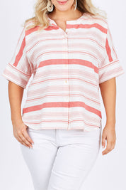 Model Jess wearing size 14 of The Stripe Button Through Top in colour Coral (Pink), from the front, cropped image