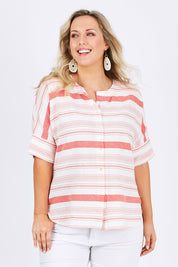 Model Jess wearing size 14 of The Stripe Button Through Top in colour Coral (Pink), from the front, cropped image