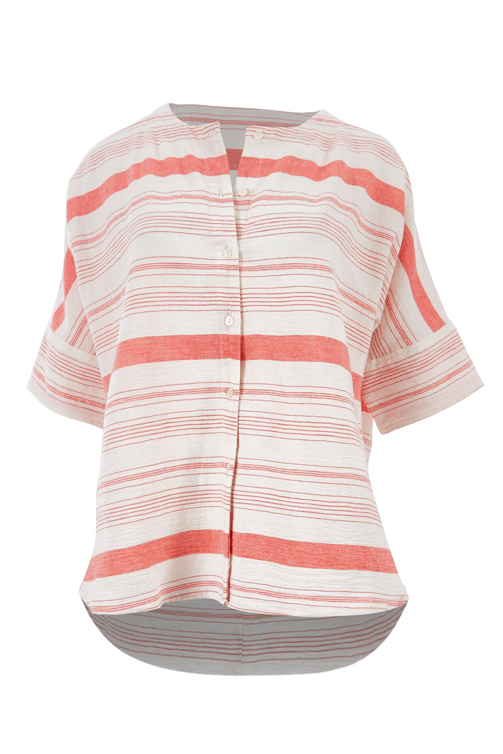 Product shot of The Stripe Button Through Top in colour Coral (Pink), from the front