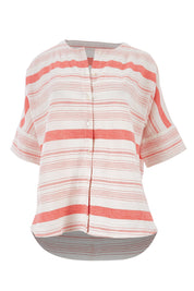 Product shot of The Stripe Button Through Top in colour Coral (Pink), from the front