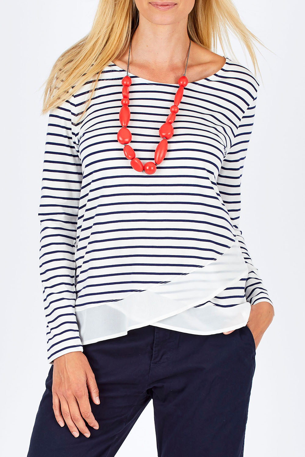 Model Anna wearing size 10 of The Cross Over Top in colour NavyStripe (Blue), from the front, cropped image