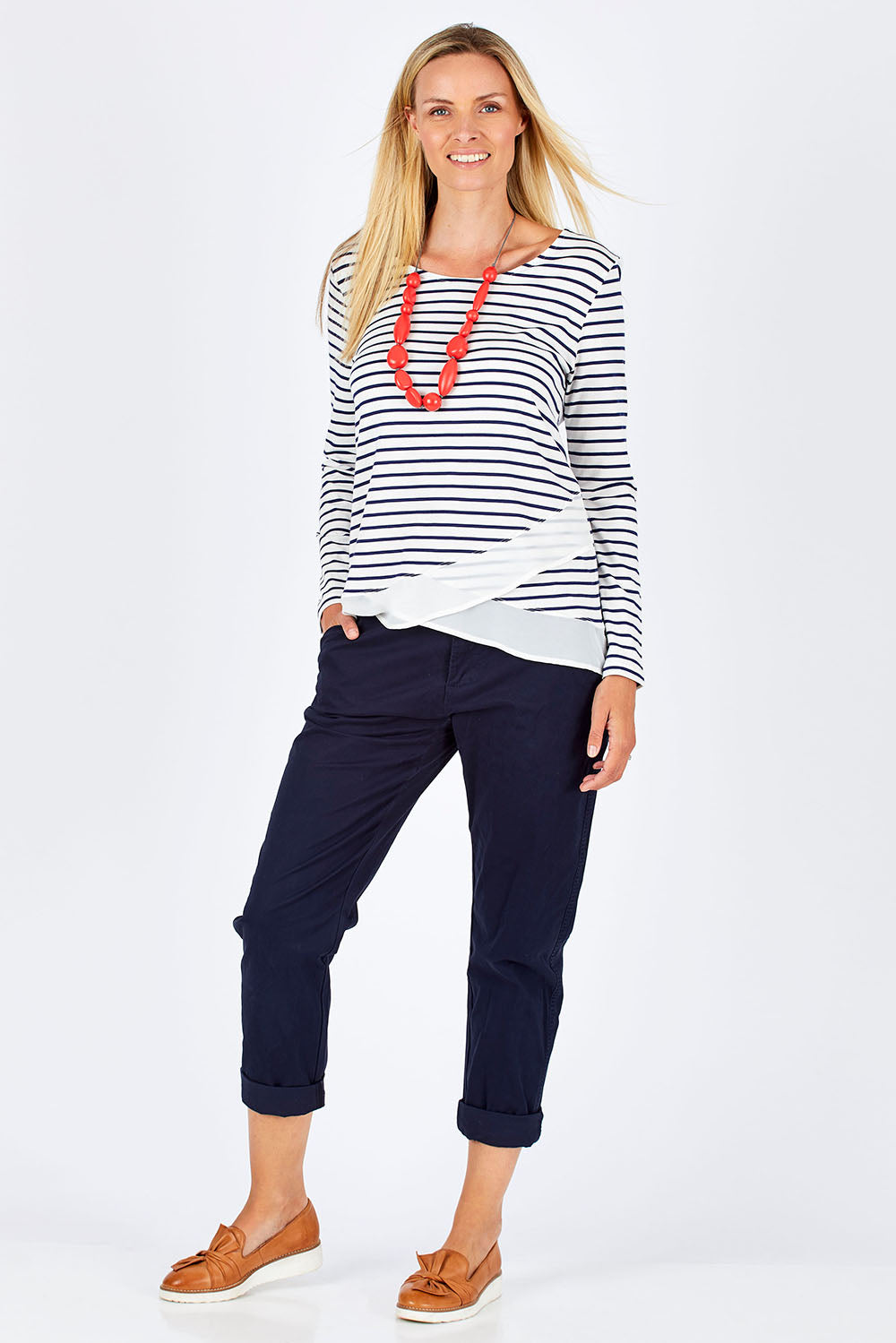 Model Anna wearing size 10 of The Cross Over Top in colour NavyStripe (Blue), from the front, showing the whole outfit