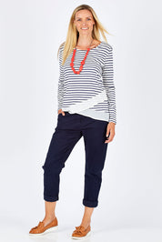 Model Anna wearing size 10 of The Cross Over Top in colour NavyStripe (Blue), from the front, showing the whole outfit