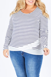 Model Sophie wearing size 18 of The Cross Over Top in colour NavyStripe (Blue), from the front, cropped image