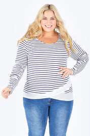 Model Sophie wearing size 18 of The Cross Over Top in colour NavyStripe (Blue), from the front, cropped image
