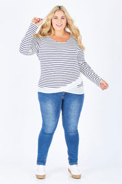 Model Sophie wearing size 18 of The Cross Over Top in colour NavyStripe (Blue), from the front, showing the whole outfit