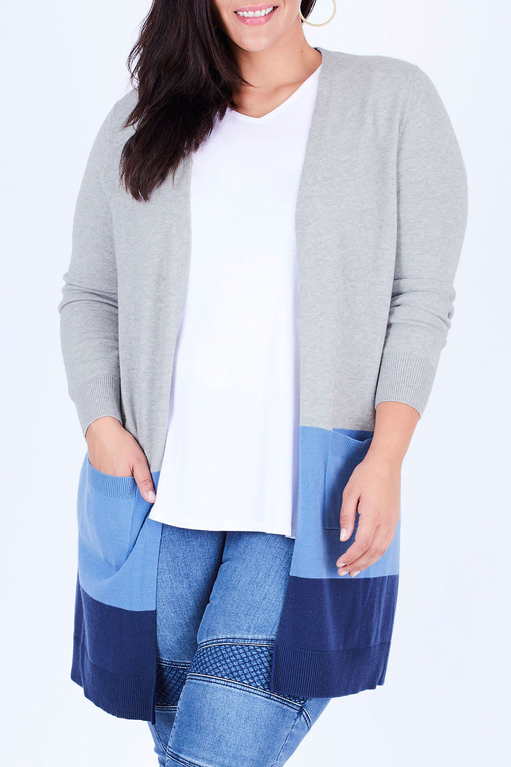Model Lauren wearing size XL of The Cosy Cardigan in colour Blue (Blue), from the front, cropped image