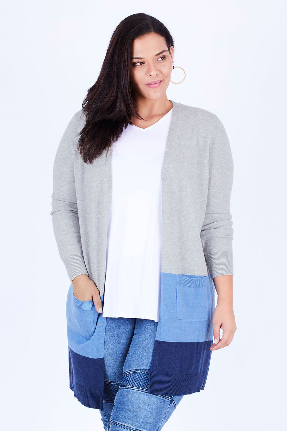 Model Lauren wearing size XL of The Cosy Cardigan in colour Blue (Blue), from the front, cropped image