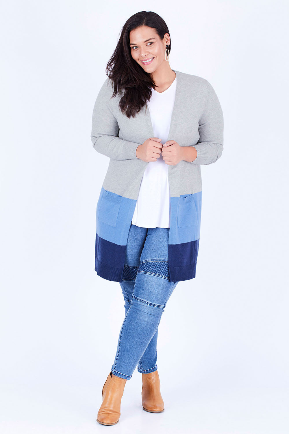 Model Lauren wearing size XL of The Cosy Cardigan in colour Blue (Blue), from the front, showing the whole outfit