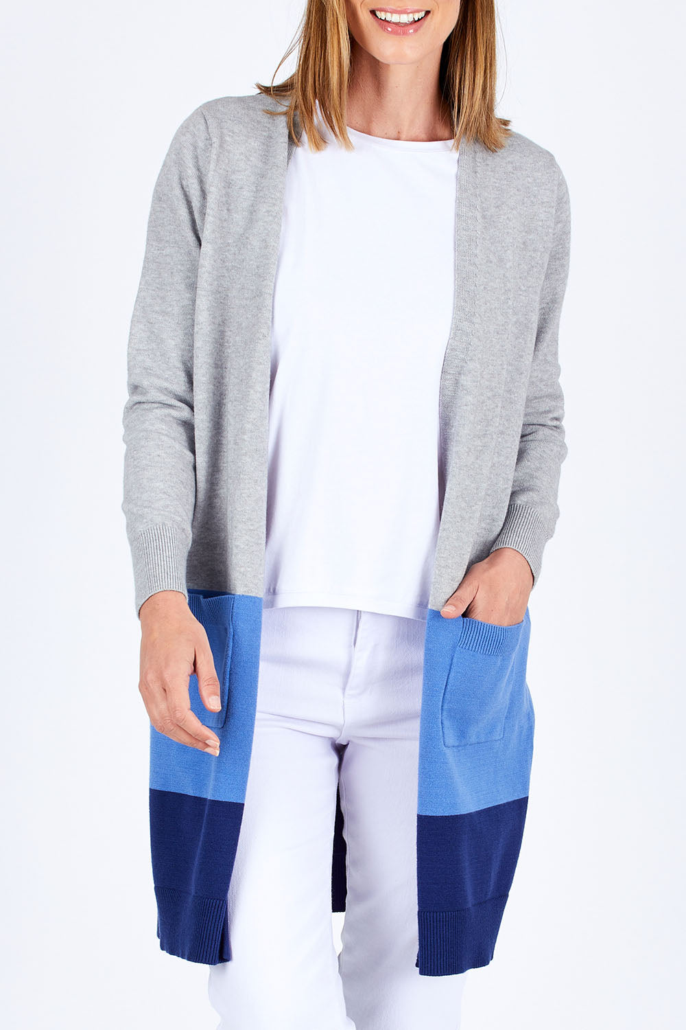 Model Riina wearing size S of The Cosy Cardigan in colour Blue (Blue), from the front, cropped image