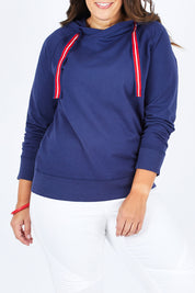Model Stacey wearing size 12 of The Tie Detail Hoody in colour FrenchBlue (Blue), from the front, cropped image