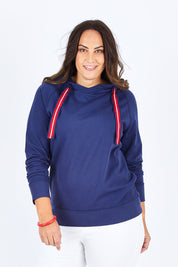 Model Stacey wearing size 12 of The Tie Detail Hoody in colour FrenchBlue (Blue), from the front, cropped image