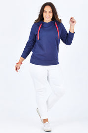 Model Stacey wearing size 12 of The Tie Detail Hoody in colour FrenchBlue (Blue), from the front, showing the whole outfit