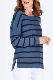 Model Riina wearing size S of The Cotton Blend Stripe Jumper in colour BlueStripe (Blue), from the front, cropped image
