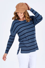 Model Riina wearing size S of The Cotton Blend Stripe Jumper in colour BlueStripe (Blue), from the front, cropped image