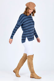 Model Riina wearing size S of The Cotton Blend Stripe Jumper in colour BlueStripe (Blue), from the front, showing the whole outfit