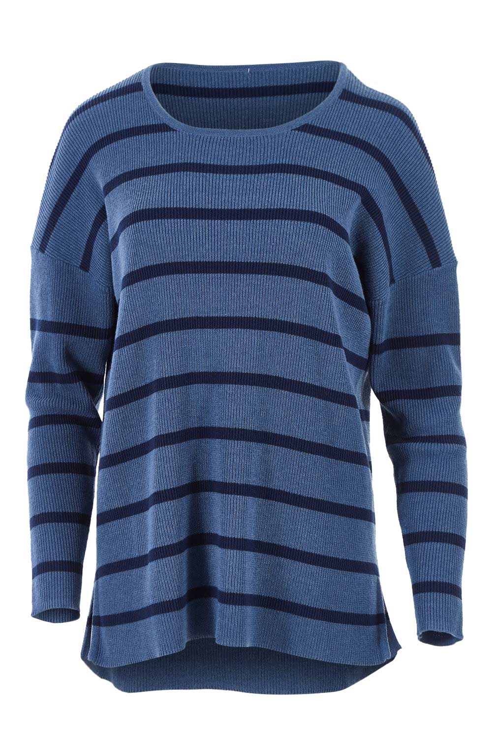 Product shot of The Cotton Blend Stripe Jumper in colour BlueStripe (Blue), from the front