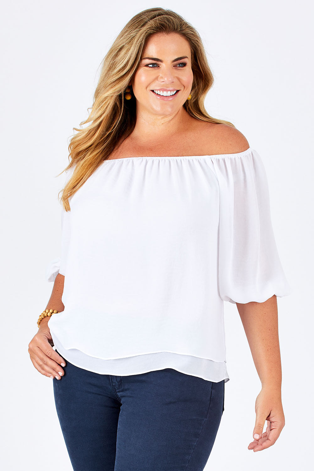 Model Fiona wearing size 16 of The Double Layer Top in colour White (White), from the front, cropped image
