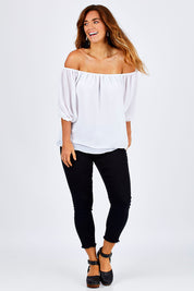 Model Laura wearing size 12 of The Double Layer Top in colour White (White), from the front, showing the whole outfit