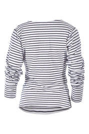 Product shot of The Wrap Jersey Top in colour NavyStripe (Blue), from the back