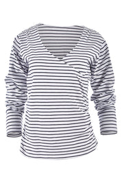 Product shot of The Wrap Jersey Top in colour NavyStripe (Blue), from the front