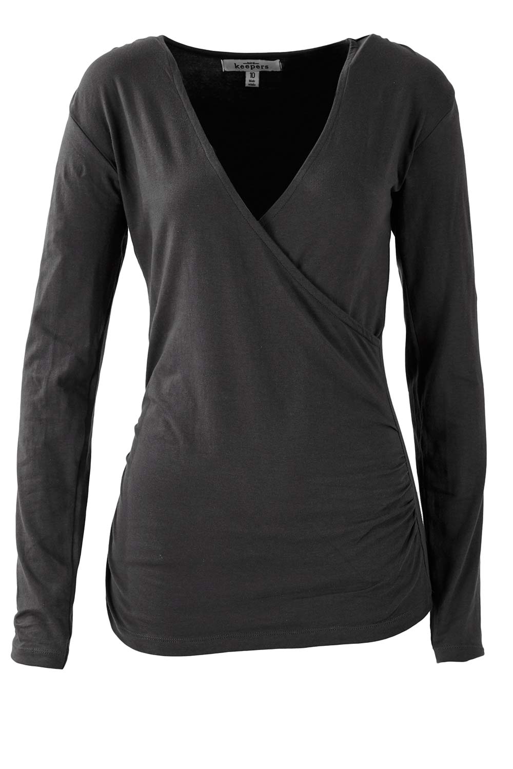 Product shot of The Wrap Jersey Top in colour Charcoal (Grey), from the front