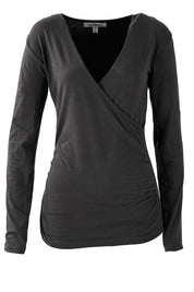 Product shot of The Wrap Jersey Top in colour Charcoal (Grey), from the front