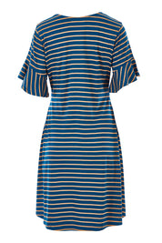 Product shot of The Cotton Bamboo Frill Dress in colour Bluegold (Blue), from the back