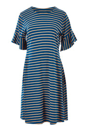 Product shot of The Cotton Bamboo Frill Dress in colour Bluegold (Blue), from the front