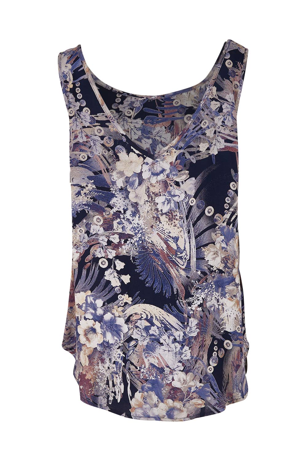 Product shot of The Reversible Tank in colour Multiprint (Blue), from the back