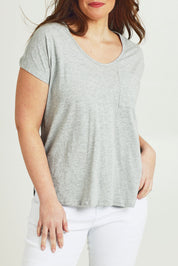 Model Jane wearing size 14 of The Basic Cotton Blend Tee in colour Greymarle (Grey), from the front, cropped image