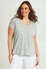 Model Jane wearing size 14 of The Basic Cotton Blend Tee in colour Greymarle (Grey), from the front, cropped image