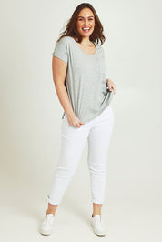 Model Jane wearing size 14 of The Basic Cotton Blend Tee in colour Greymarle (Grey), from the front, showing the whole outfit