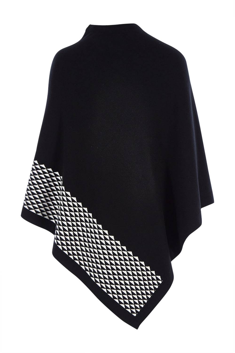 Product shot of The Patterned Removable Roll Neck Poncho in colour Blackprint (Black), from the back
