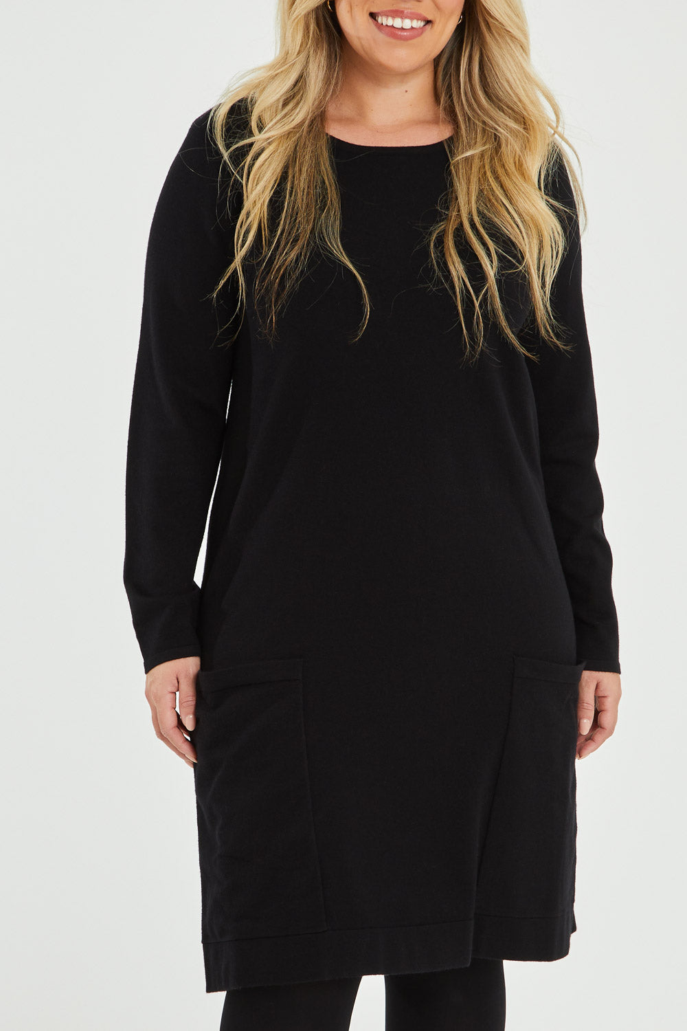 Model Katie wearing size XL of The Pocket Detail Dress in colour Black (Black), from the front, cropped image