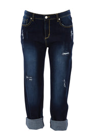 Product shot of The Distressed Boyfriend Jean in colour Darkdenim (Blue), from the front