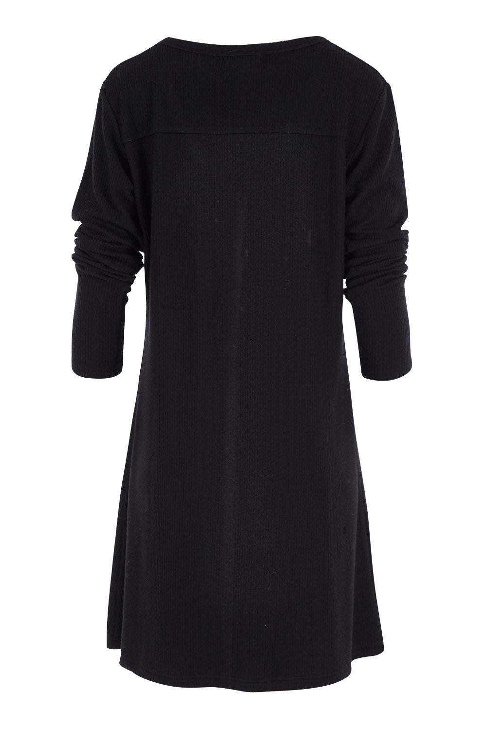 Product shot of The Rib Longline Cardi in colour Black (Black), from the back