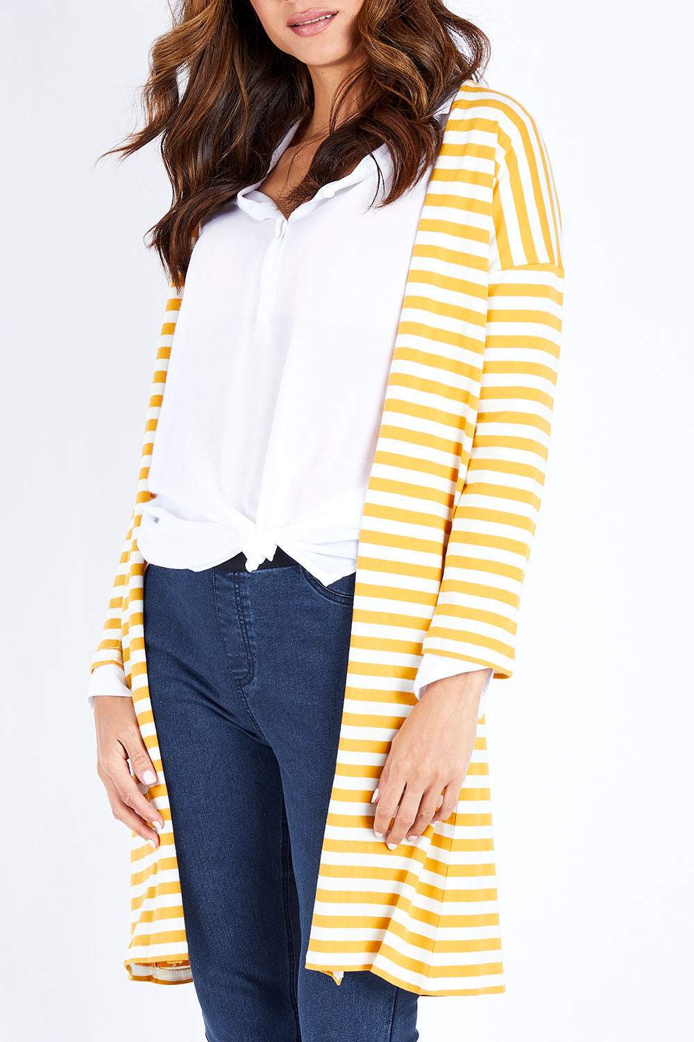 Model Ilona wearing size 10 of The Relaxed Cotton Cardi in colour Muststripe, from the front, cropped image