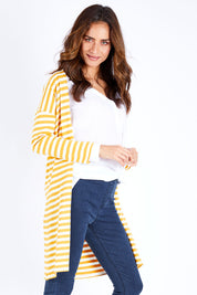 Model Ilona wearing size 10 of The Relaxed Cotton Cardi in colour Muststripe, from the front, cropped image