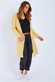 Model Laura wearing size 14 of The Relaxed Cotton Cardi in colour Muststripe, from the front, showing the whole outfit