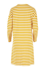 Product shot of The Relaxed Cotton Cardi in colour Muststripe, from the back