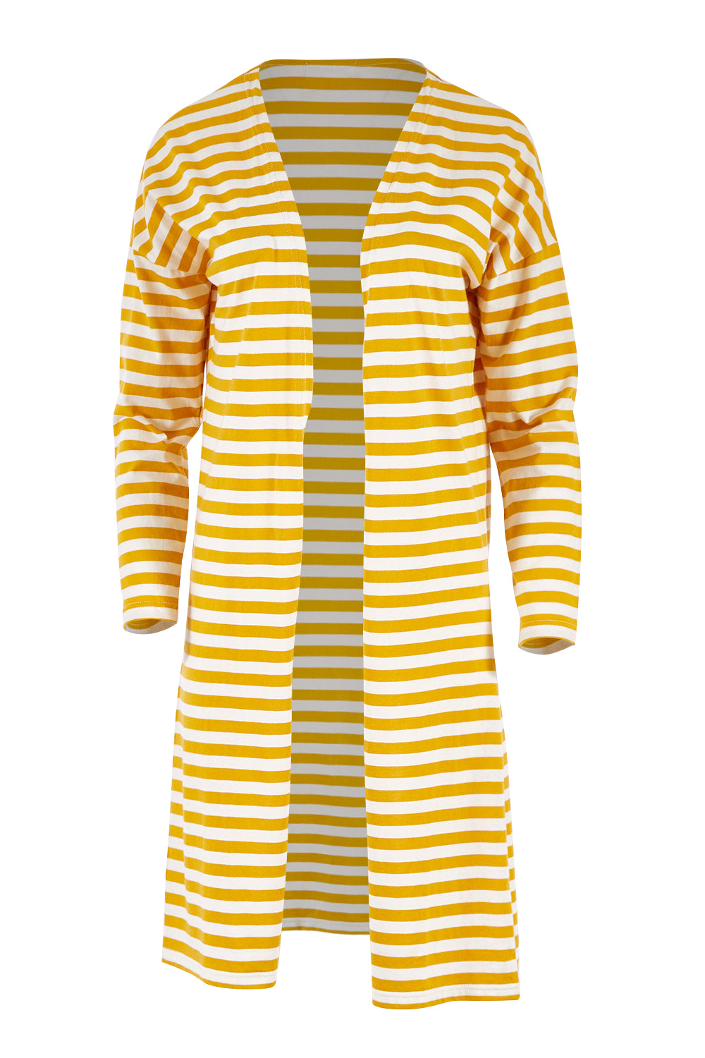 Product shot of The Relaxed Cotton Cardi in colour Muststripe, from the front