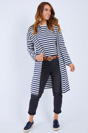 Model Laura wearing size 14 of The Relaxed Cotton Cardi in colour Navystripe (Blue), from the front, showing the whole outfit