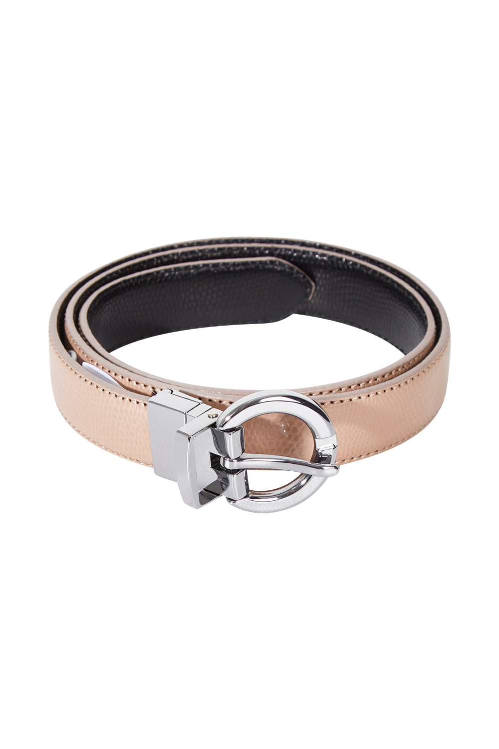 Product shot of The Bella Genuine Reversible Leather Belt in colour Beigeblack, from the front