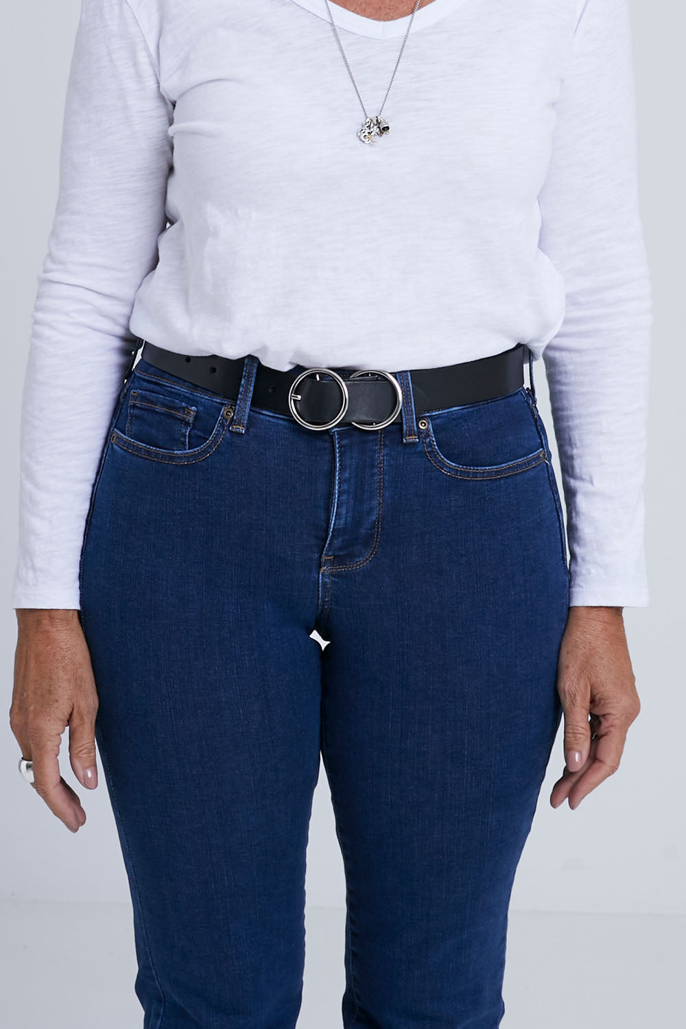 A model wearing size S of The Townsville Genuine Leather Belt in colour Black (Black), from the front, cropped image