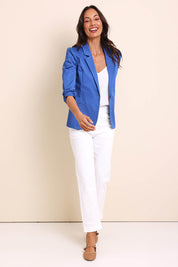 Model Amandam wearing size 10 of the The Everyday Blazer - Airforce in colour Airforce, from the front