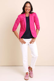 Model Amandam wearing size 10 of the The Everyday Blazer - Fuschia in colour Fuschia, from the front