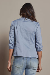 Model Amanda wearing size 10 of The Everyday Blazer in colour Softblue (Blue), from the back