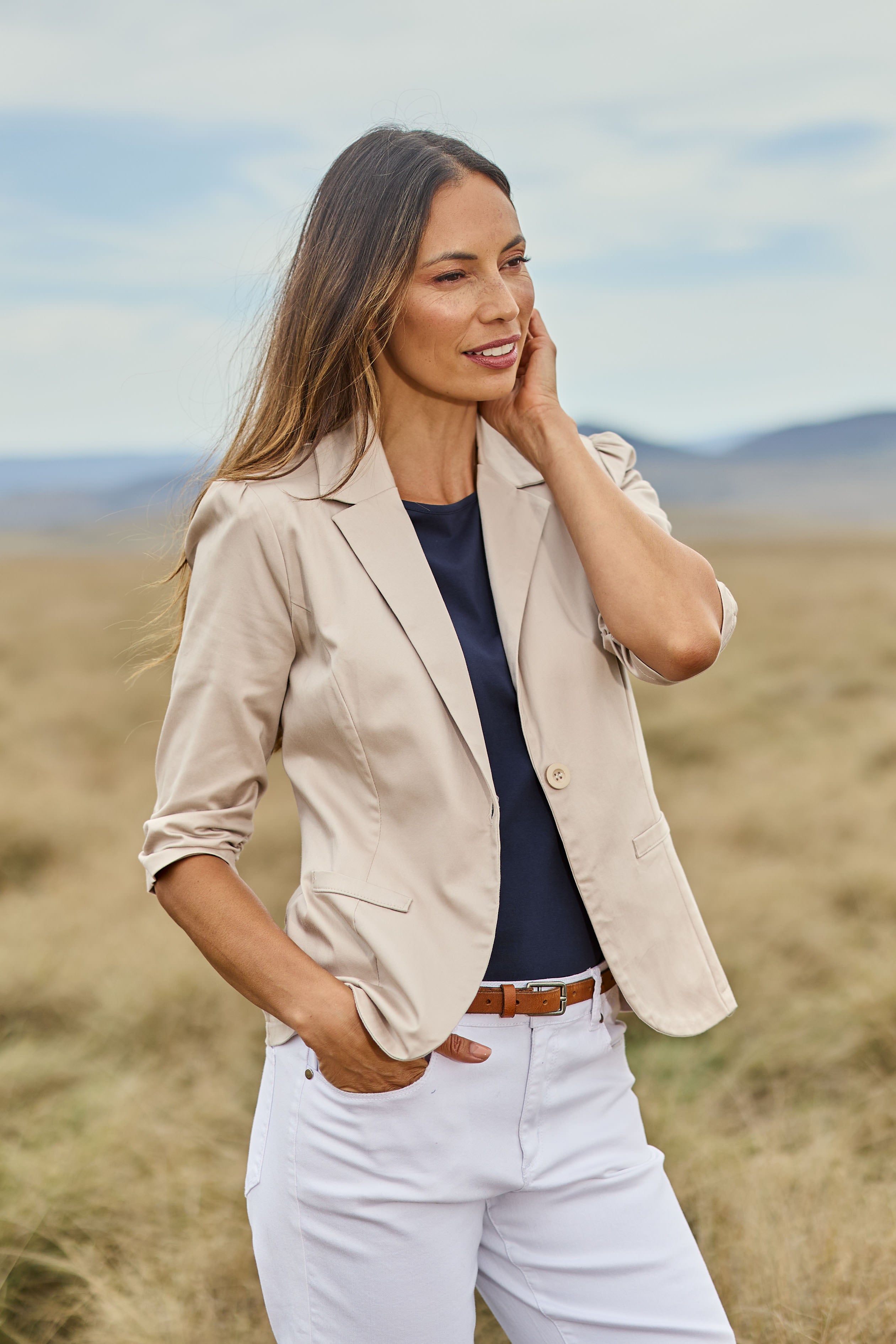 Model Amanda wearing size 10 of The Everyday Blazer in colour Stone, from the front, showing the whole outfit